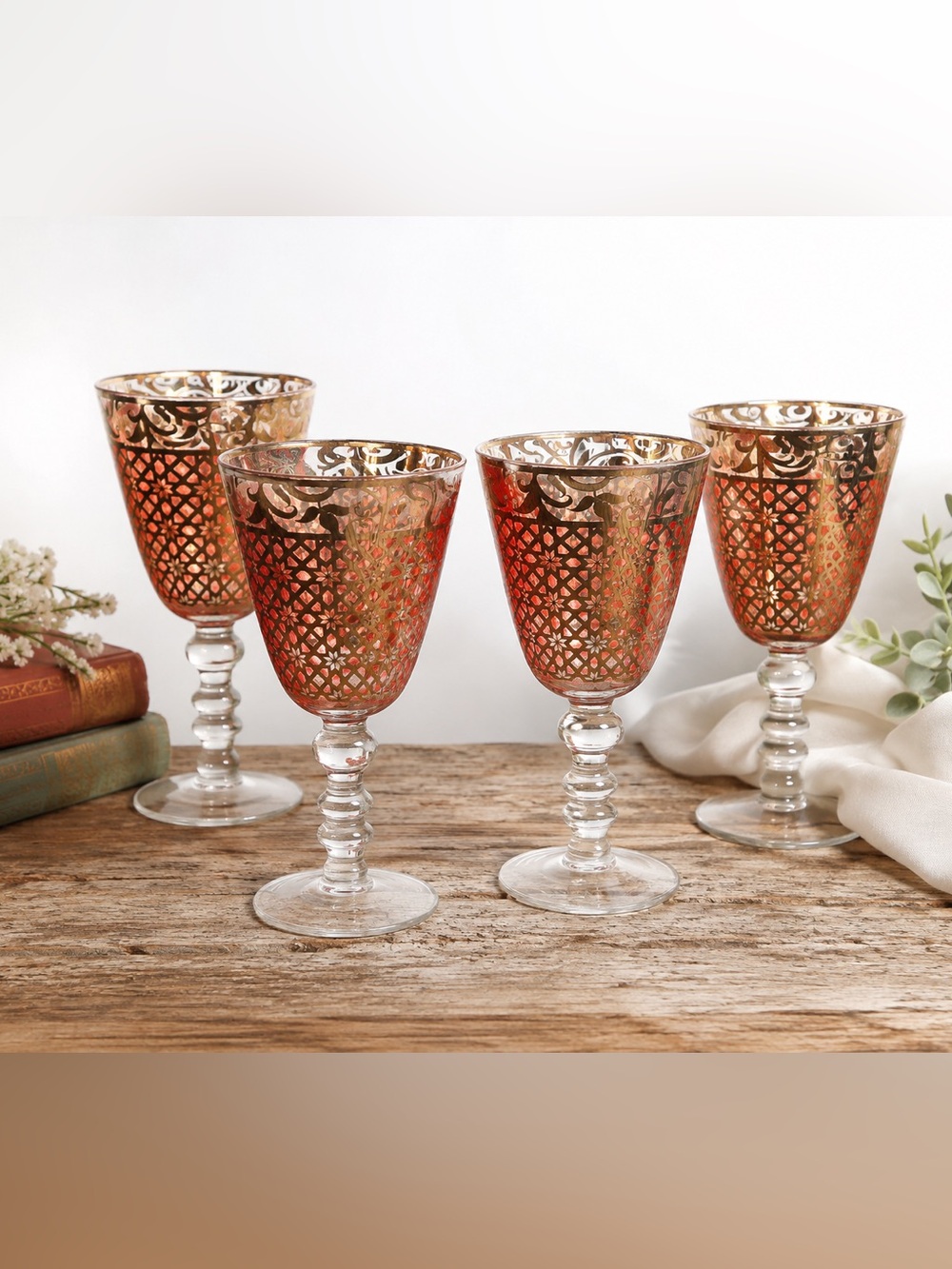Patina Vie Set of 4 Ornate Red Glass Goblets 18K Gold Filigree Stemware 14 oz